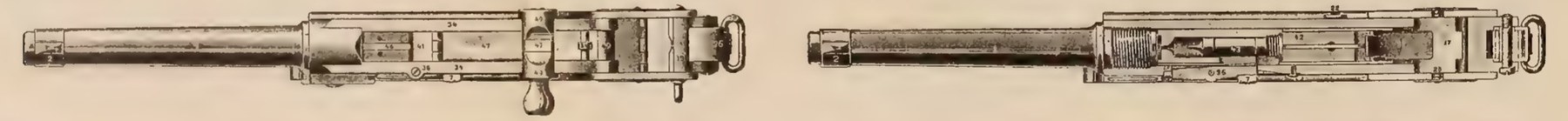 Figure 17 — The ONI plate's top views. Left, the pistol from above with the knob and the strap loop at the rear; right, the same in horizontal section, showing the striker spring in the breechblock and the thr…
