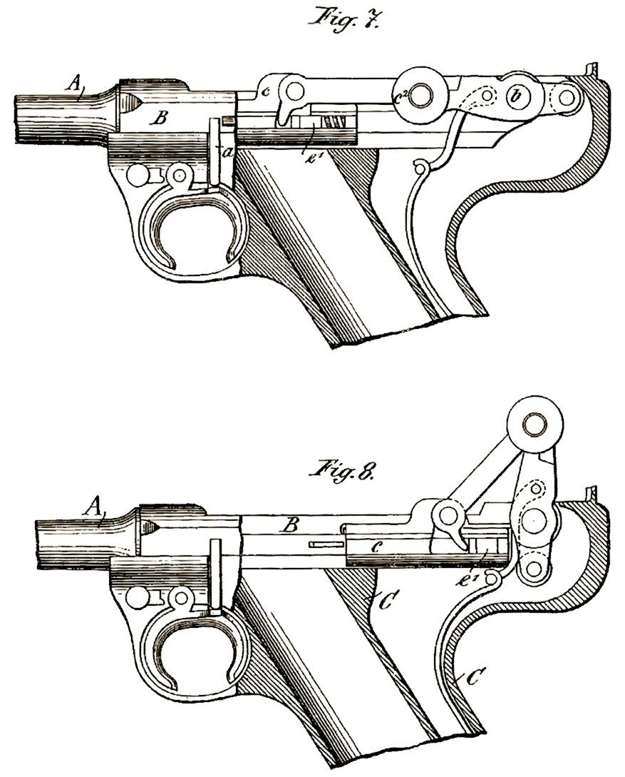 Figure 4 — A drawing from Swiss patent 17977 of 3 October 1898, the Borchardt-Luger transitional design. Figs. 7 and 8 show the toggle closed and doubled up. The grip is now raked and the overhanging spring h…