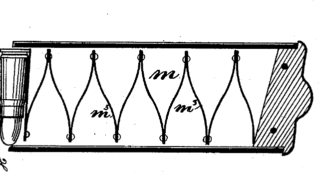 Figure 2 — Borchardt's patent, Fig. 11: the magazine in section, with the zig-zag leaf follower spring and the wooden base. The patent drawings give the arrangement of every part and the dimensions of none.