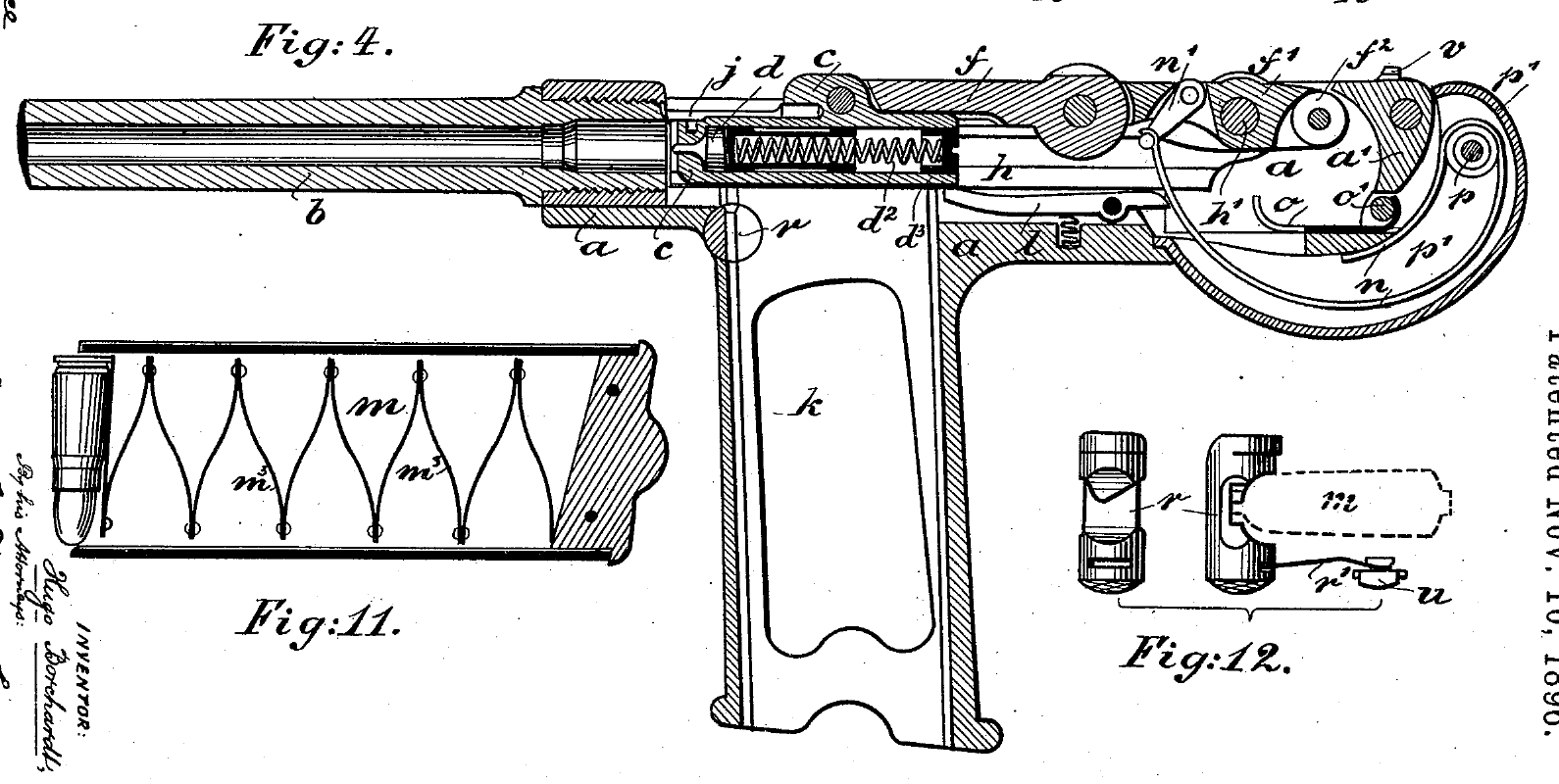 Figure 5 — Borchardt's patent, Fig. 4: the pistol in vertical section, closed. The barrel b screws into the slides h of the receiver; the breechblock c holds the striker d and its coil spring; the links f and…