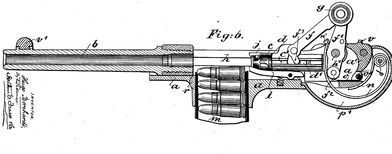 Figure 6 — Borchardt's patent, Fig. 6: the same section with the breech fully open. The rollers have been driven down the curved thrust-piece, the knee g has risen high above the receiver, the breechblock c h…