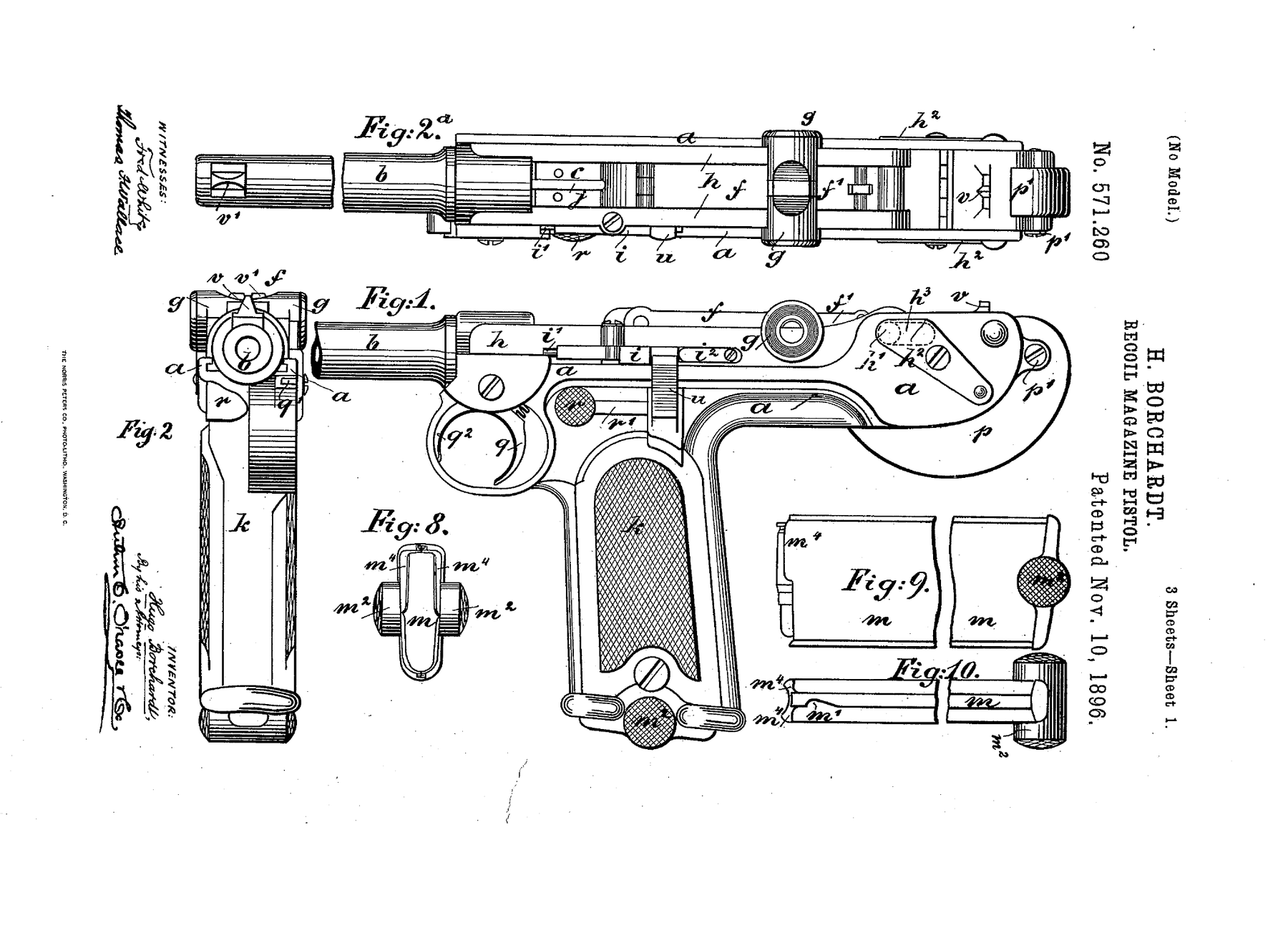 Figure 1 — Sheet 1 of Borchardt's US patent 571,260, turned to read with the muzzle to the left. Fig. 1 is a left side view with the toggle closed; Fig. 2a above it is the top view; Fig. 2 is the view from th…