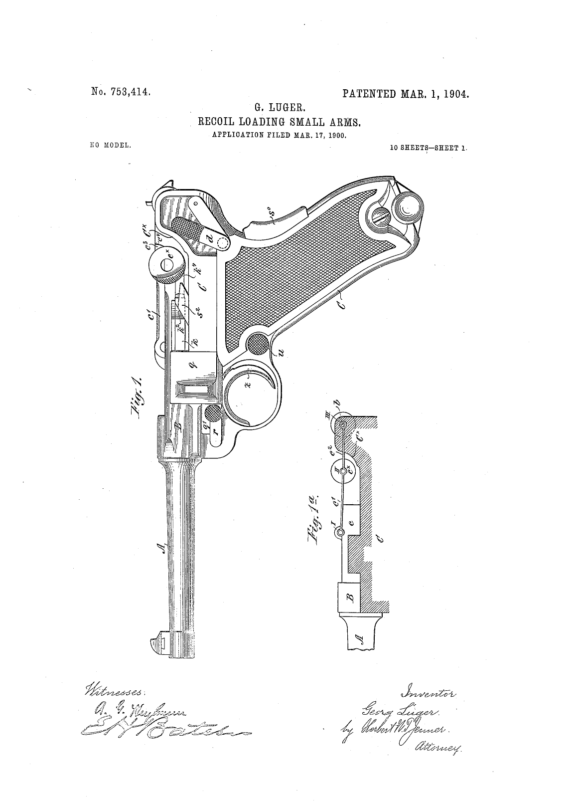 Figure 3 — Georg Luger's US patent 753,414, "Recoil Loading Small Arms", sheet 1, filed 17 March 1900 and granted 1 March 1904. Fig. 1 is the production form of the Parabellum, with its raked grip and the spr…