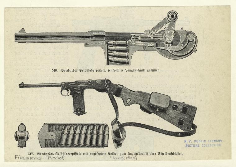 Figure 19 — A period encyclopaedia plate in the New York Public Library's picture collection, captioned "Borchardts Selbstladerpistole, senkrechter Längenschnitt geöffnet" (vertical longitudinal section, open)…