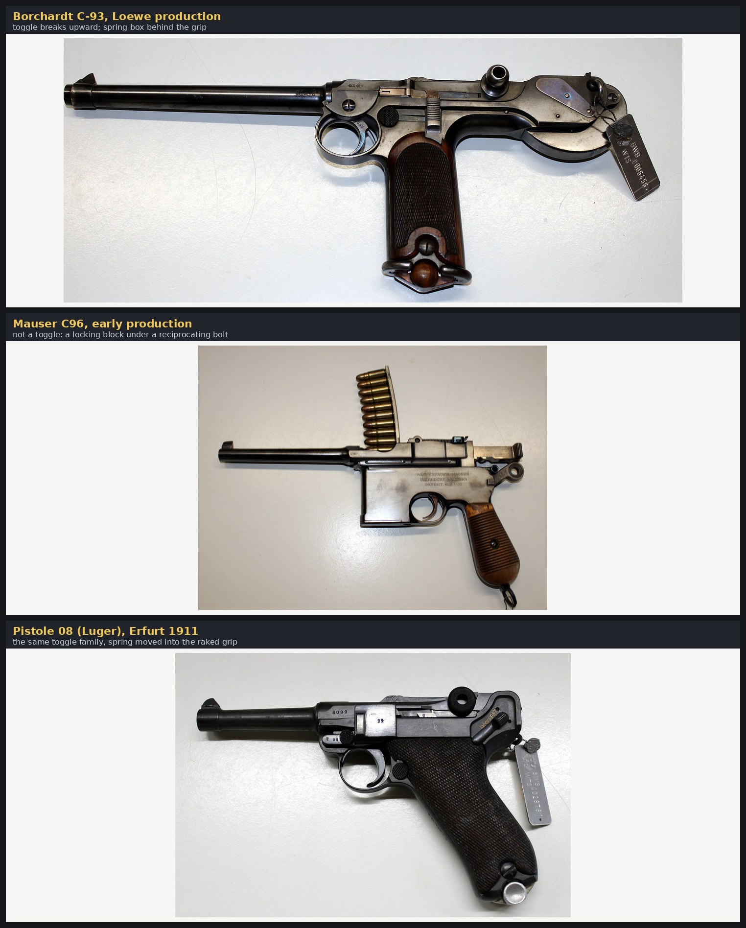 Figure 1 — Three toggle-locked and locked-breech pistols from the same German study collection, photographed from the same side. Top, the Borchardt C-93; middle, an early Mauser C96, which beat it in the mark…