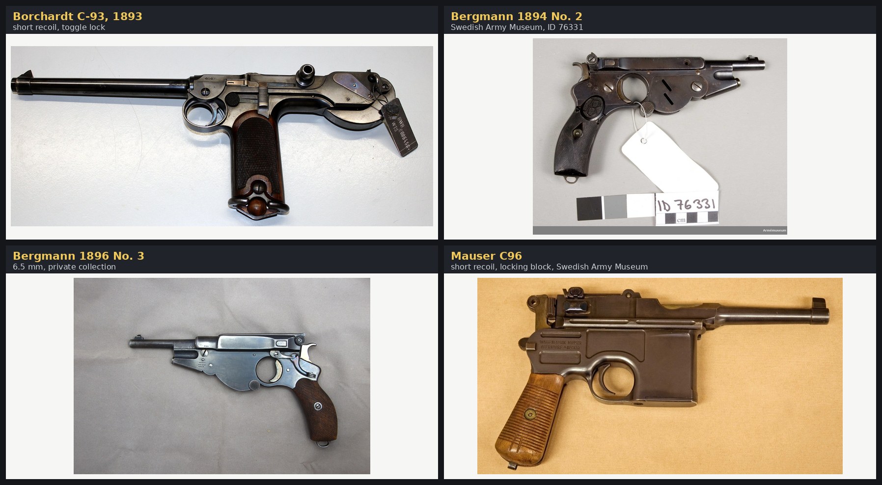 Figure 14 — First-generation self-loading pistols of the 1890s from Commons. The C-93 is the only toggle lock among them; the C96 locks with a block under its bolt, and the Bergmanns are shown for comparison o…