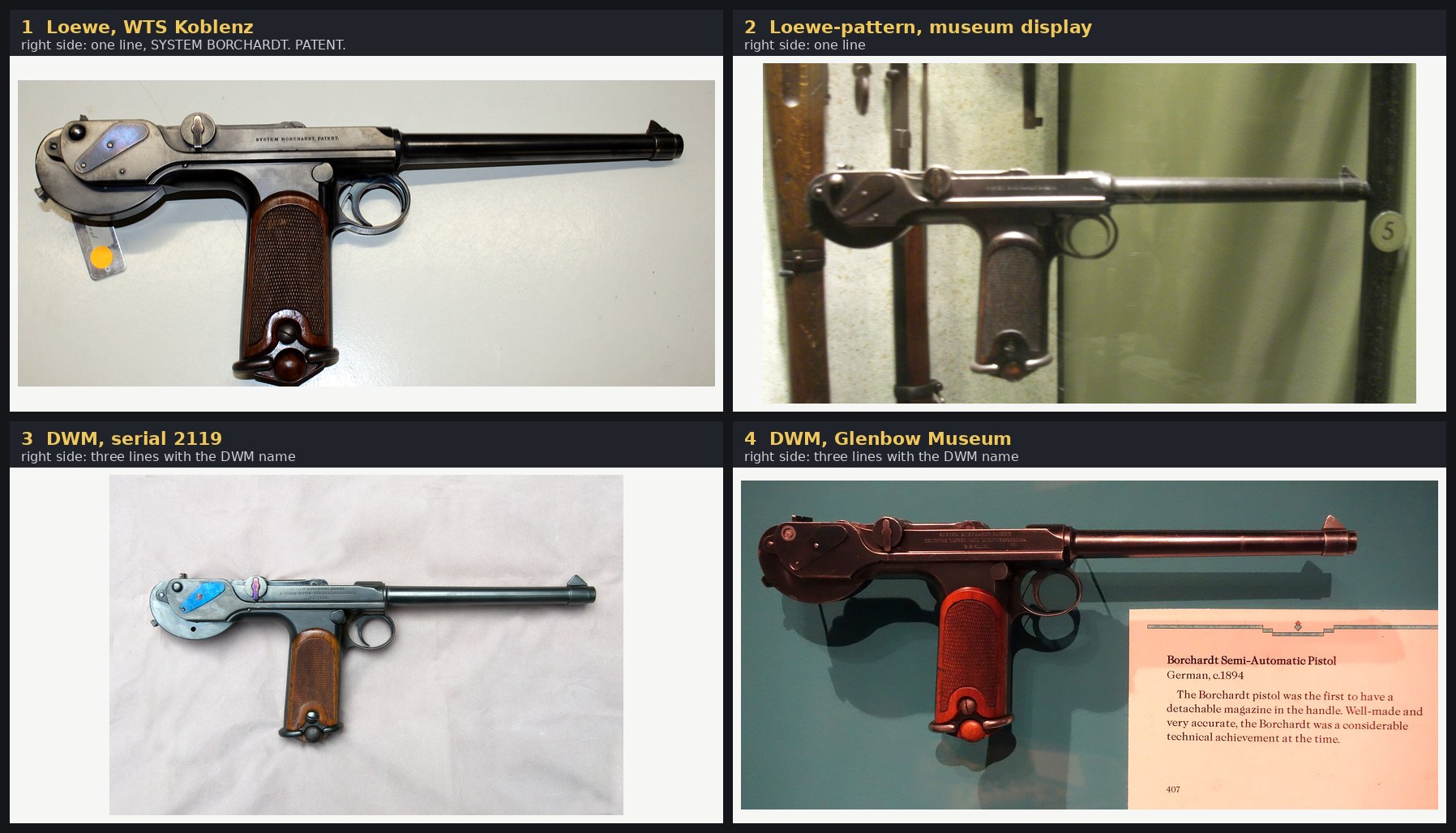 Figure 1 — Four C-93s photographed from the right side, two of each make. Panels 1 and 2 are Loewe pattern, with the single line "SYSTEM BORCHARDT. PATENT." on the receiver; panels 3 and 4 are DWM, with three…