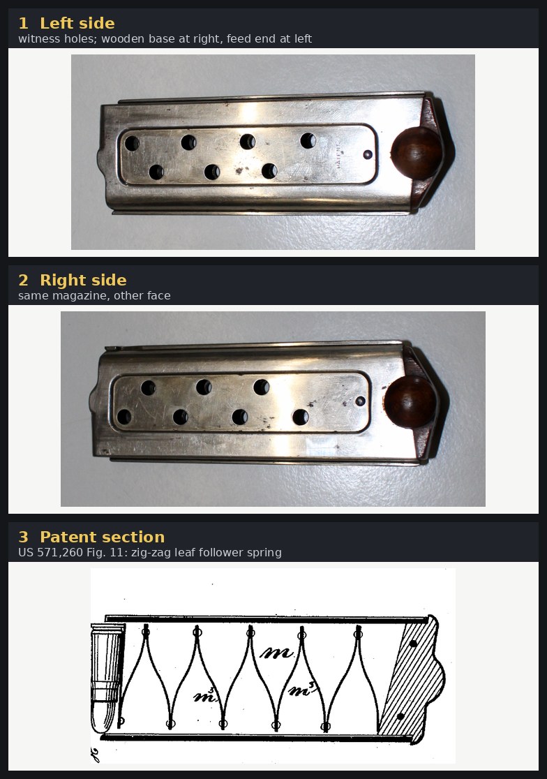 Figure 15 — The C-93's magazine, both sides, and its section from Borchardt's patent. The body is two nickel-finished side plates with witness holes; the base is wood; the follower spring is a stack of riveted…