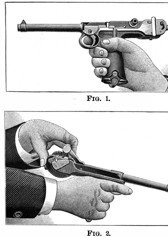 Figure 3 — Two engravings from Scientific American of 3 August 1895: the pistol held in the right hand, and the toggle knob being drawn back by the left hand to load the first round. The article credits its i…