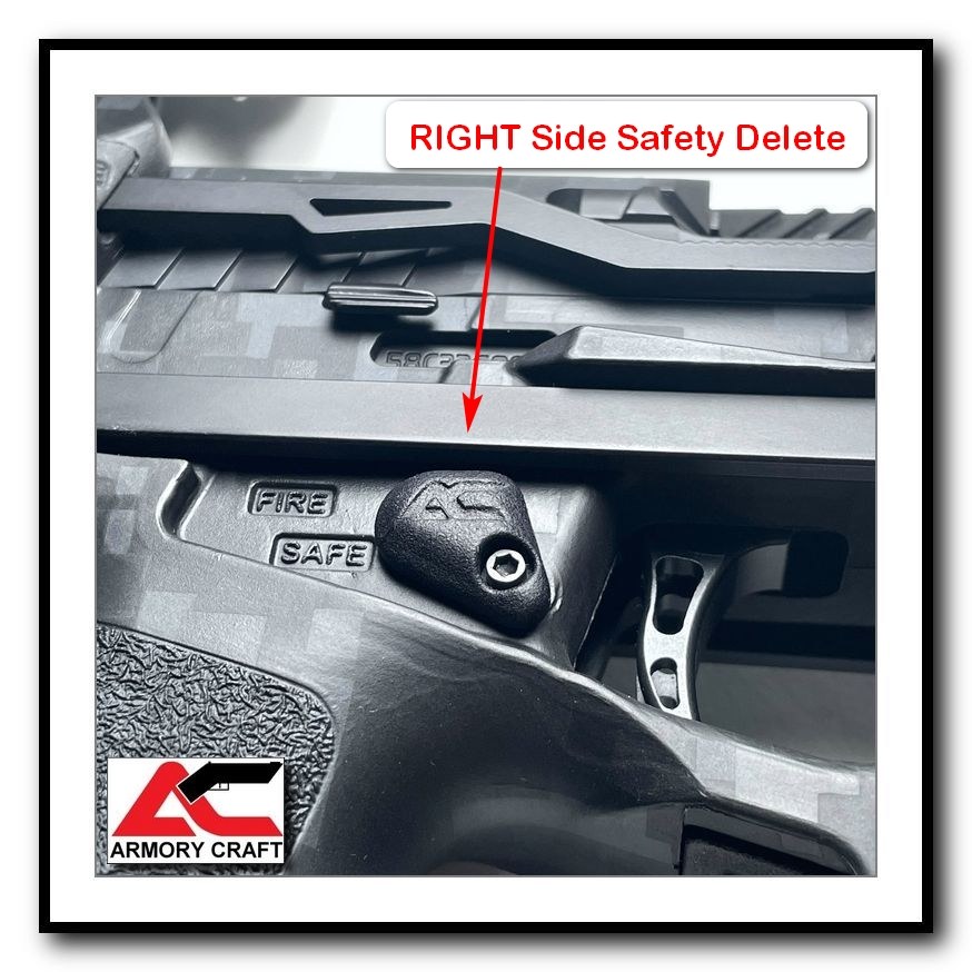 Figure 6 — Armory Craft's right-side safety delete for the Raider, from the maker's product page, seated in the chassis in place of one lever of the chassis safety beside the FIRE and SAFE markings.