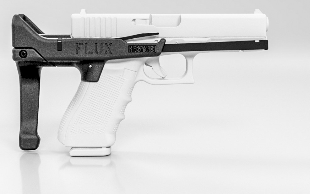 Figure 2 — The Flux Brace for Glock as photographed for Flux's 2019 product page. The arm rides on steel rails and deploys on a spring; Flux described the fitting as single-pin quick installation. This is the…