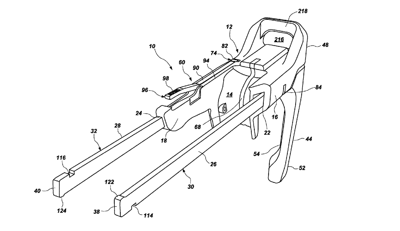 Figure 7 — Figure 1 of US 11,156,433: the brace apparatus in perspective, with the mounting housing, the two rails that slide through it, the brace on their ends and the release lever along the top. The paten…
