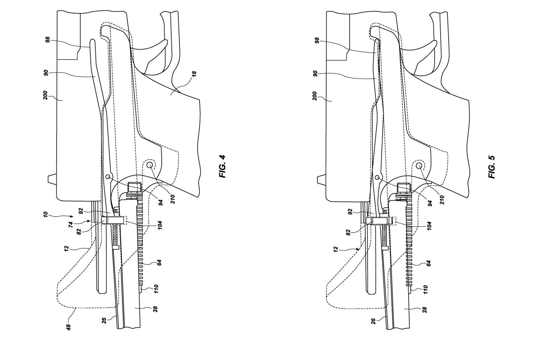 Figure 5 — Figures 4 and 5 of US 11,156,433: the brace lock seen from the side. In figure 4 the brace is deployed and locked; in figure 5 the actuator is depressed and the locking bar has rotated out of the r…