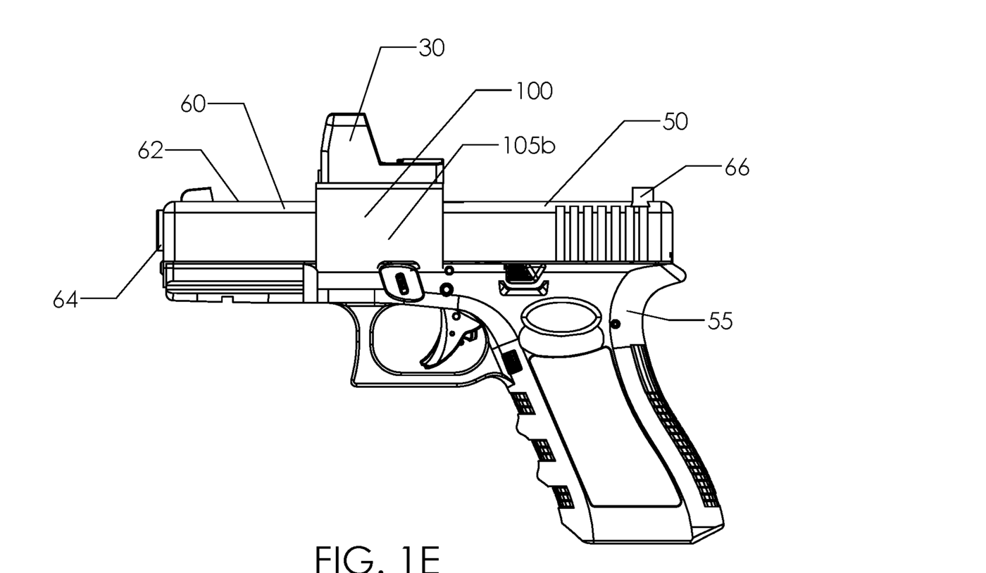 Figure 2 — Figure 1E of US 9,797,687, the optic-mount patent Flux licenses: a sight platform (100) standing on the frame on two side walls, with the slide (50) passing through. This is the principle of the Ra…