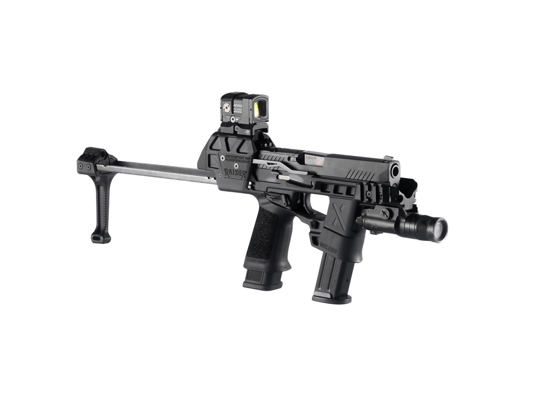 Figure 1 — A Raider X built up as Flux photographs it: red dot on the hood, light on the bottom rail, brace extended. Every accessory in the photograph is an add-on; the chassis ships with none of them.
