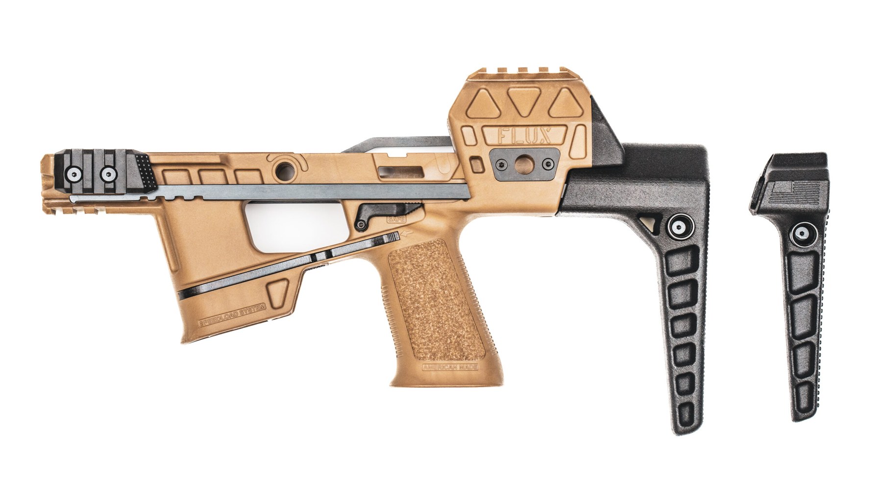 Figure 1 — The Raider X chassis in flat dark earth with no pistol installed, shown with the two stocks Flux packages for law-enforcement and military sales. The chassis is a housing: the serialized part it re…