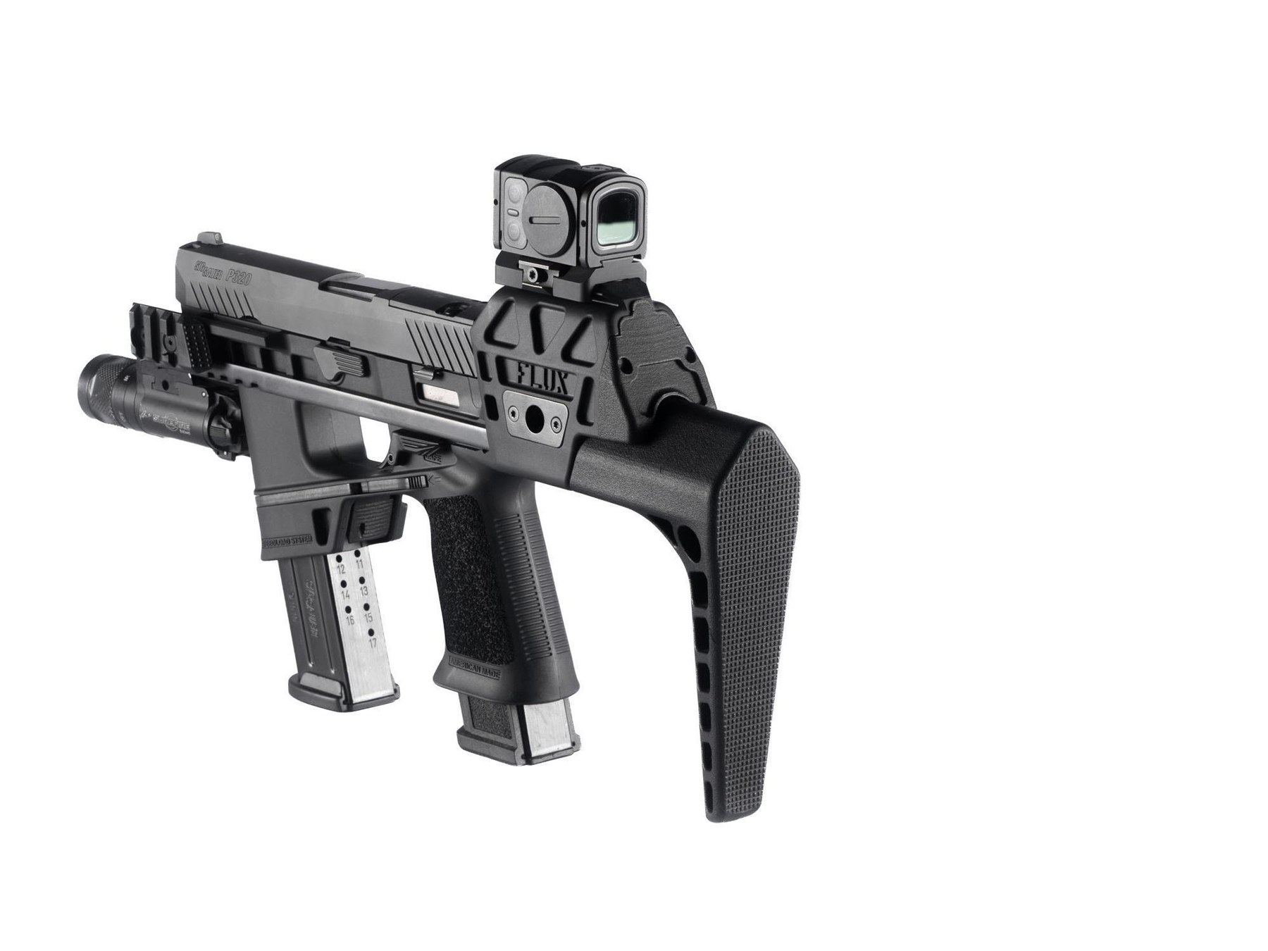 Figure 3 — A Raider X with the medium stock from Flux's catalogue. The stock replaces the brace on the same two extension rails. On a P320 barrel it makes the weapon a short-barrelled rifle, and SIG's manual …