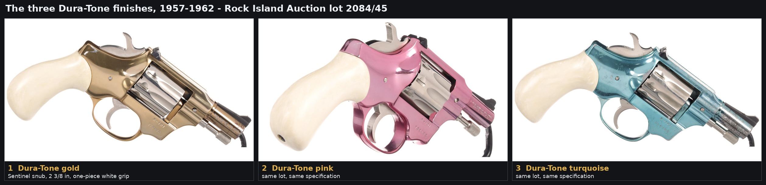 Figure 1 — The three Dura-Tone finishes side by side, all 2⅜-inch snubs with white grips, photographed from the same side: gold, pink and turquoise. The frame and trigger guard carry the colour; the cylinder,…