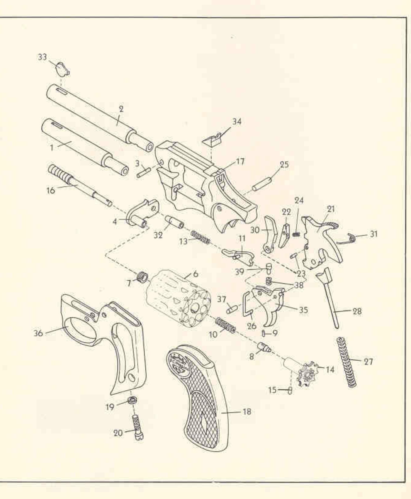 Figure 2 — The exploded view from the Sears booklet for the J. C. Higgins Model 88 — the same revolver, the same part numbers, and the clearest published drawing of how few pieces there are. The booklet carri…