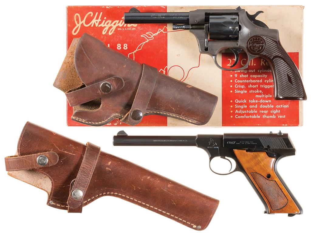 Figure 15 — The J. C. Higgins Model 88 with its Sears box and a period holster. The box prints the feature list quoted later in this volume. Rock Island Auction photograph, used by owner decision.