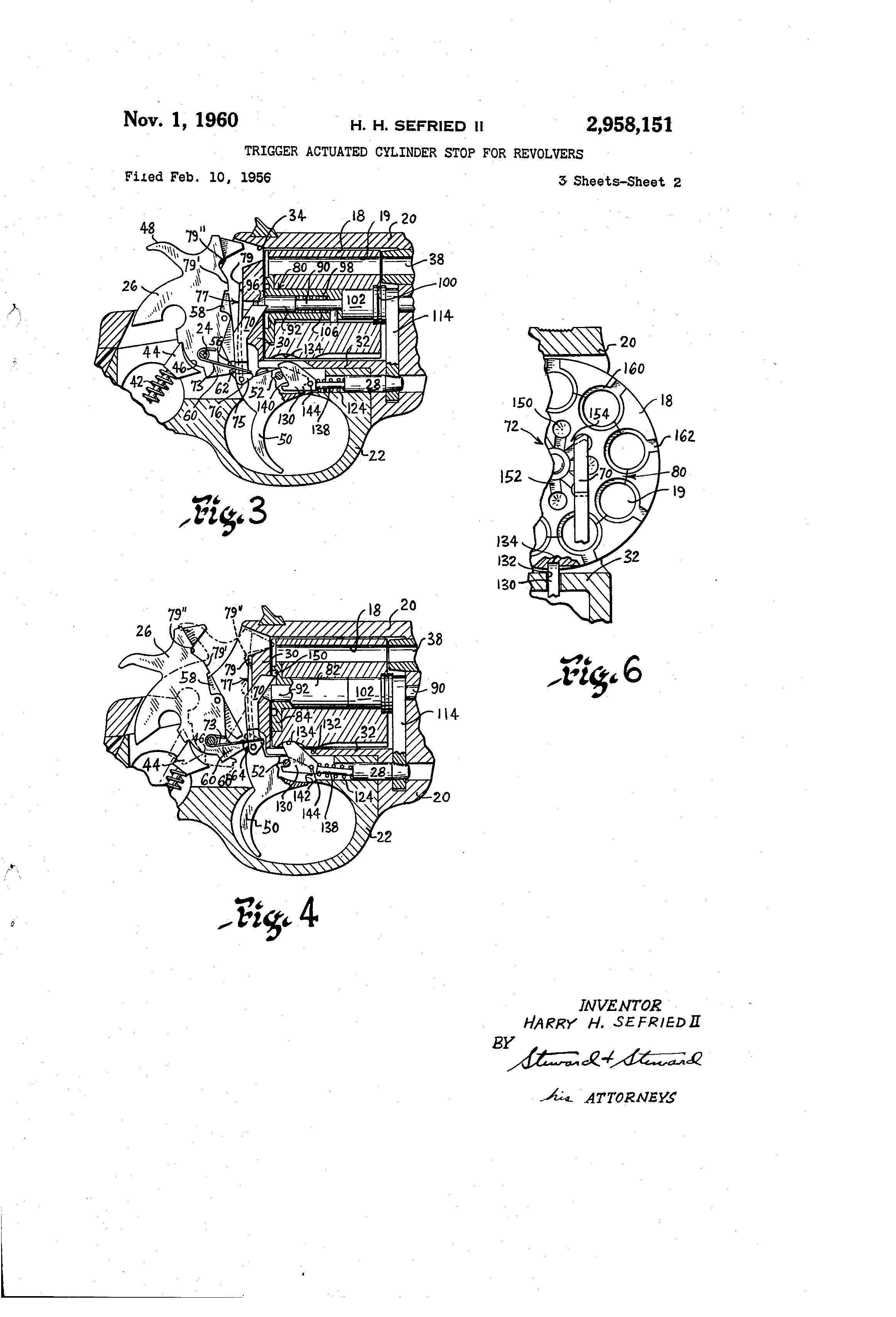 Figure 4 — Sheet 2 of US 2,958,151: Figs. 3 and 4 show the lockwork with the trigger part way back and with the hammer fully cocked, and Fig. 6 is the transverse section through the cylinder that shows the ha…