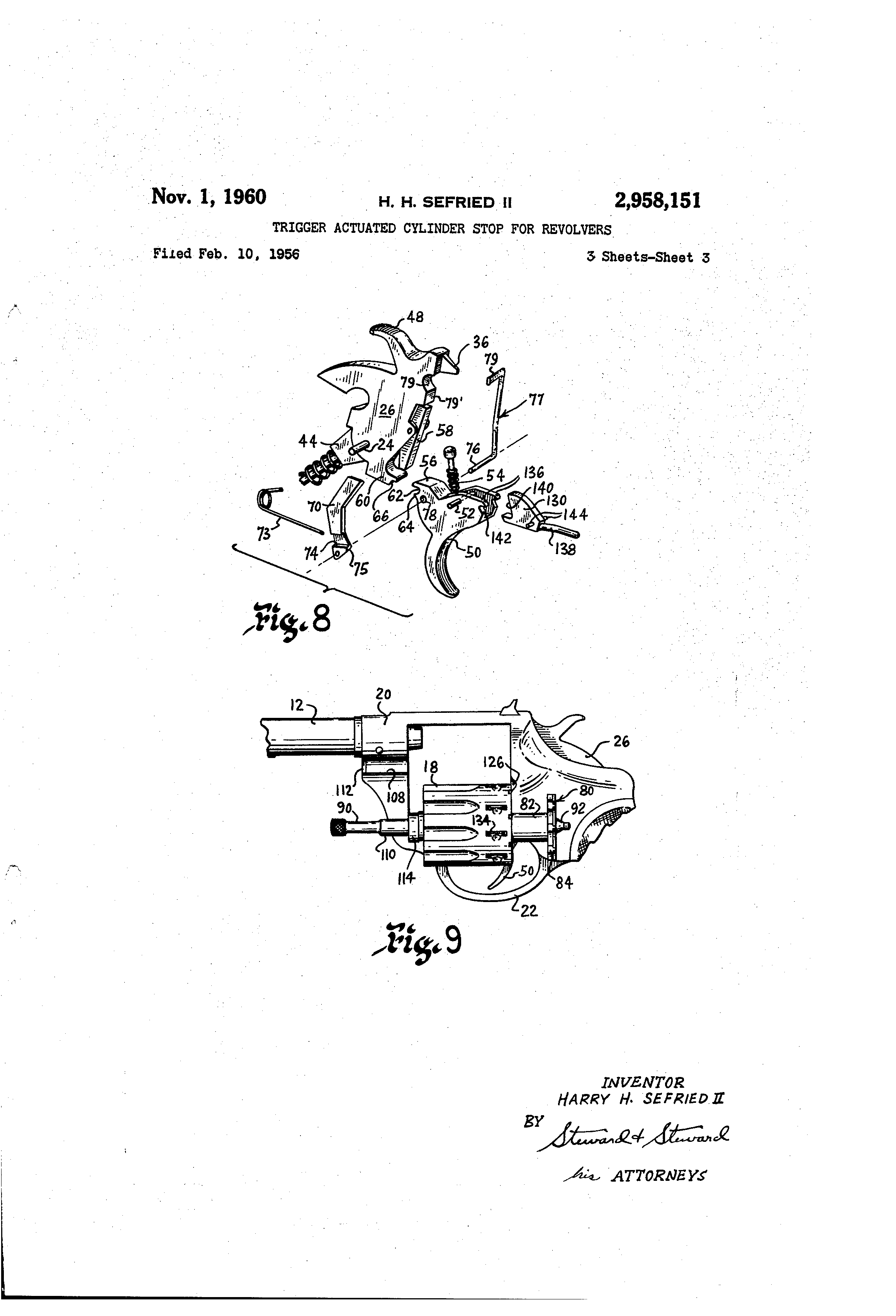 Figure 6 — Sheet 3 of the same patent: Fig. 8 is an exploded perspective of the fire control, including the wire safety stop whose lower leg carries the hand, and Fig. 9 shows the cylinder swung out with the …
