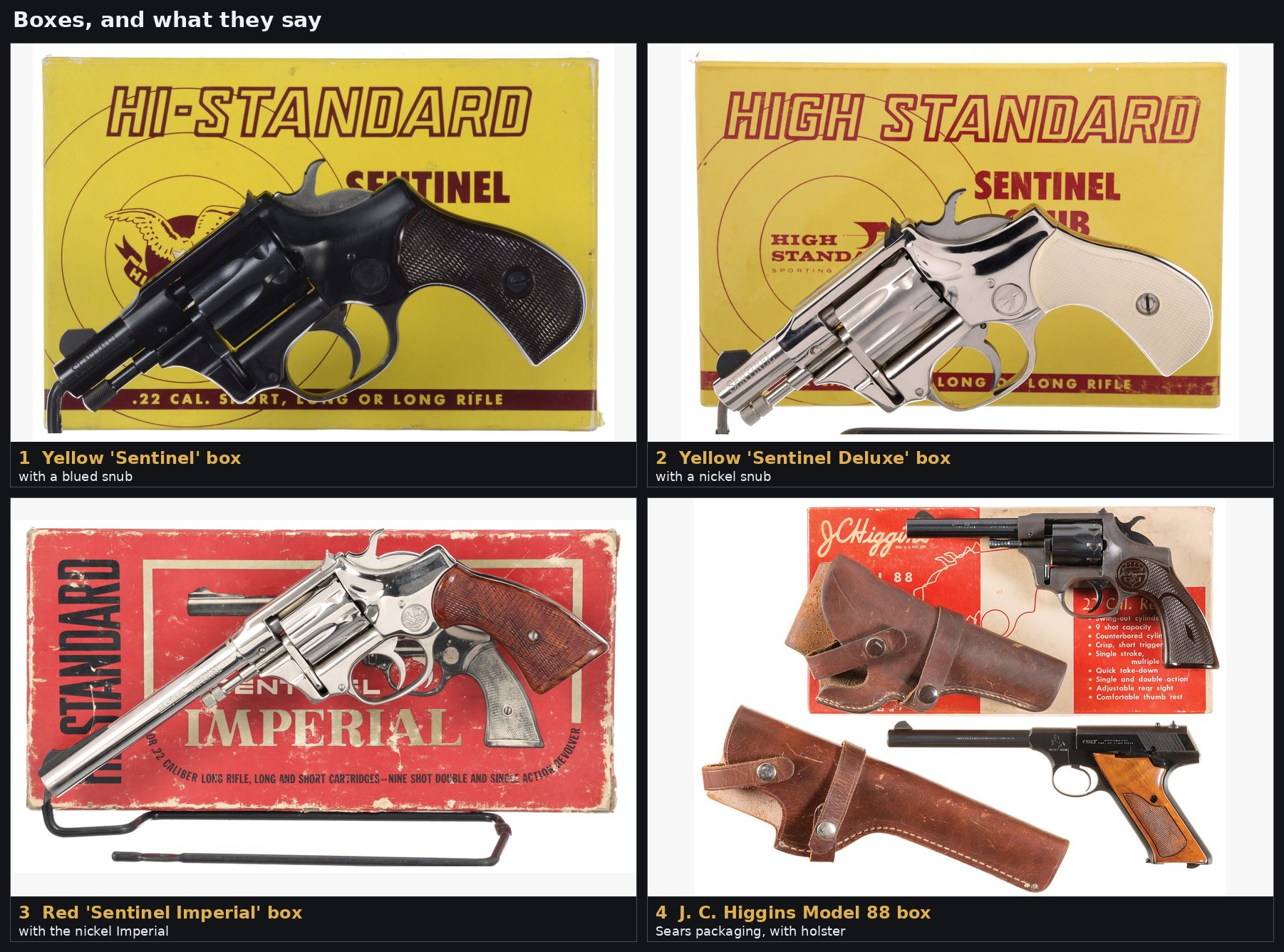 Figure 17 — Four boxes: the yellow 'Sentinel' box with a blued snub, the yellow 'Sentinel Deluxe' box with a nickel snub, the red 'Sentinel Imperial' box with the nickel Imperial, and the Sears J. C. Higgins M…