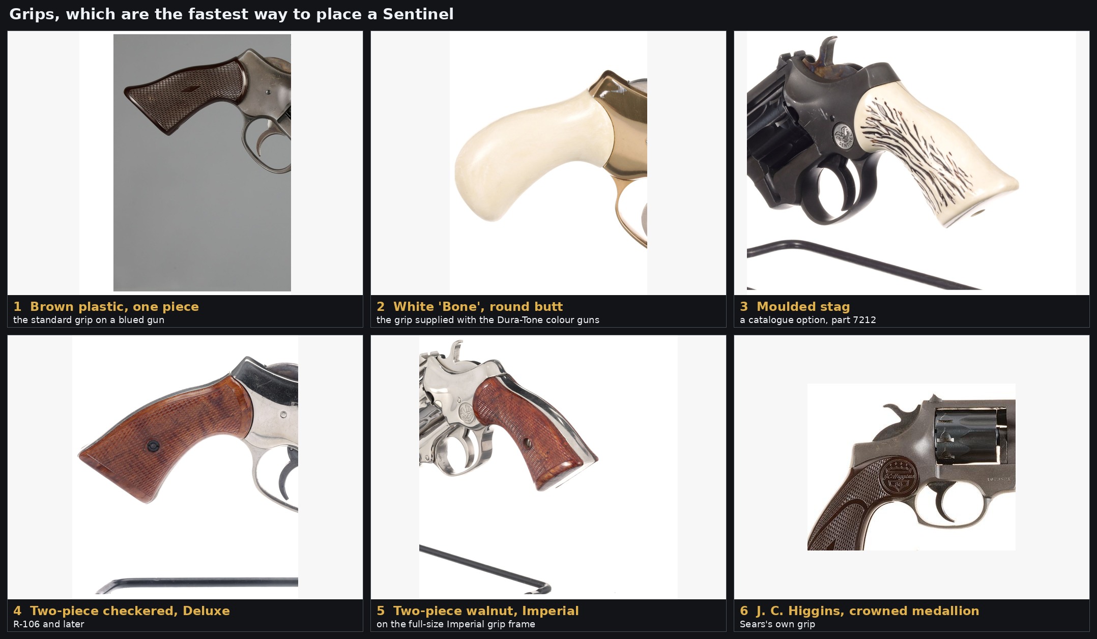 Figure 9 — Six grips: brown plastic one-piece, the white 'Bone' grip of the colour guns, the moulded stag option, the Deluxe two-piece, the Imperial's walnut, and the J. C. Higgins grip with its crowned medal…