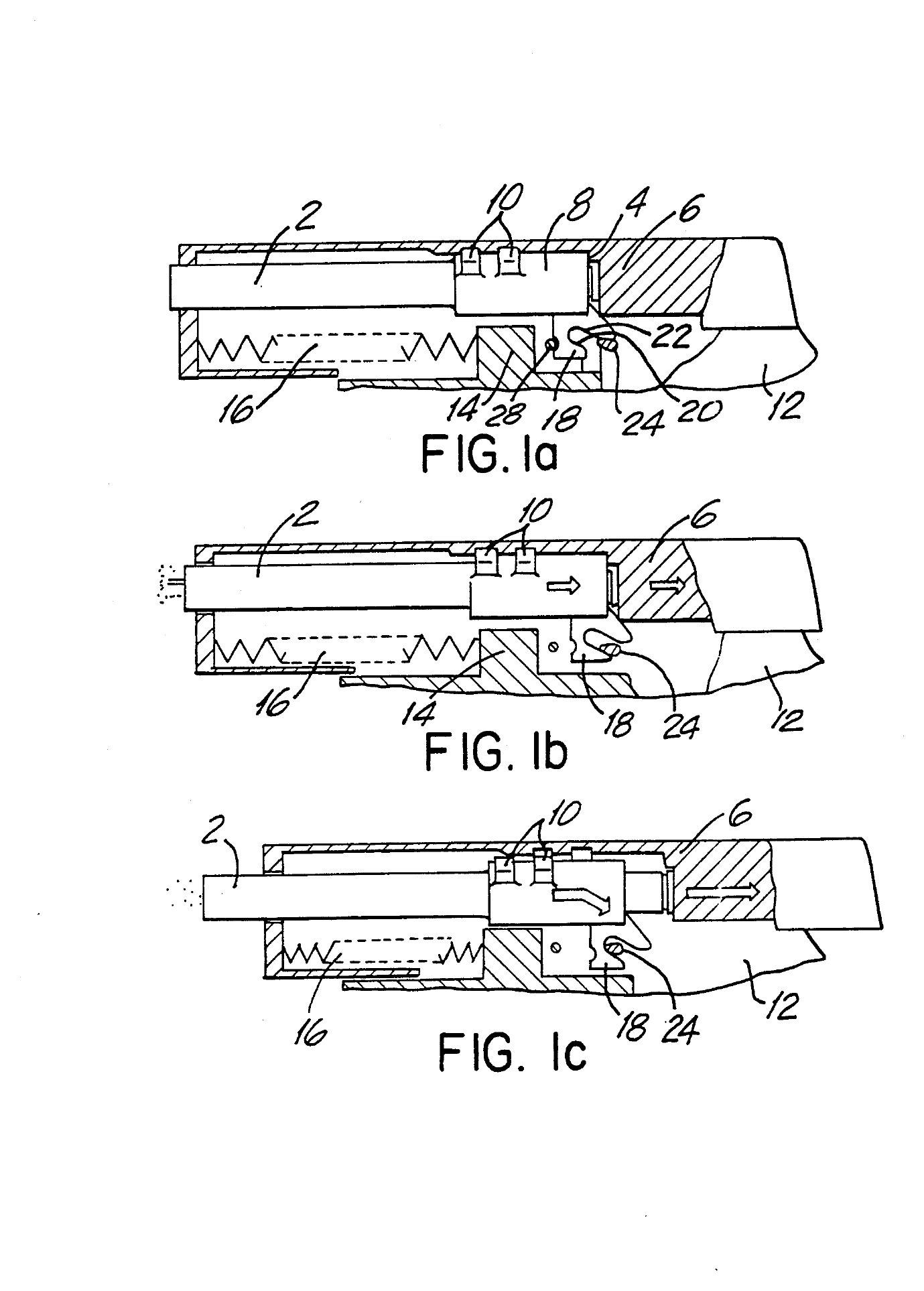 Figure 3 — US Patent 5,309,815, Figures 1a to 1c: the prior art the patent sets out to improve, a Colt-Browning system in which a lug under the barrel rides a cam curve on a control bolt, shown locked, unlock…