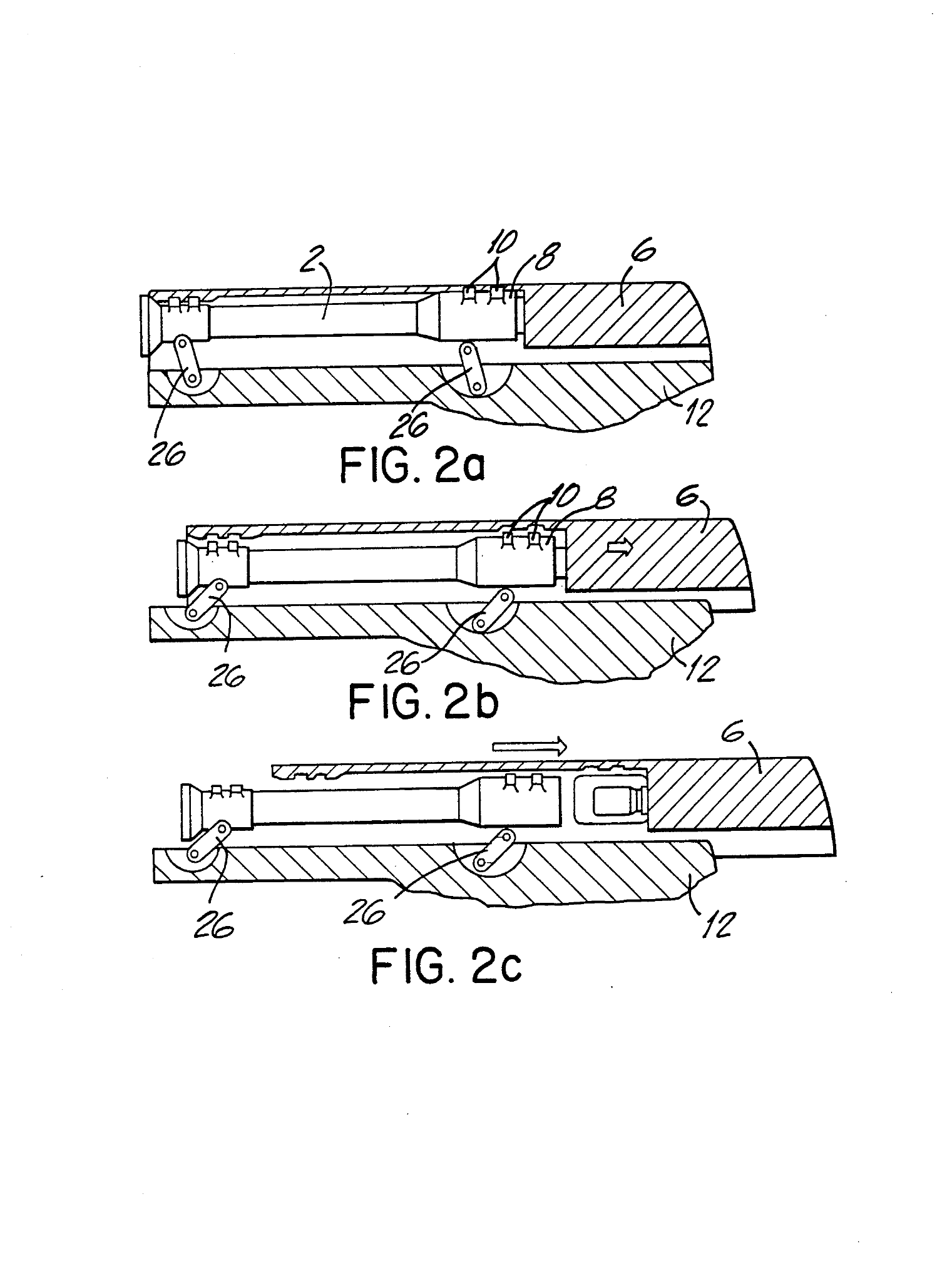 Figure 4 — US Patent 5,309,815, Figures 2a to 2c: the second prior-art system the patent illustrates, a "barrel chain control" in which the barrel is tilted by link members, the M1911's principle. Turned to t…