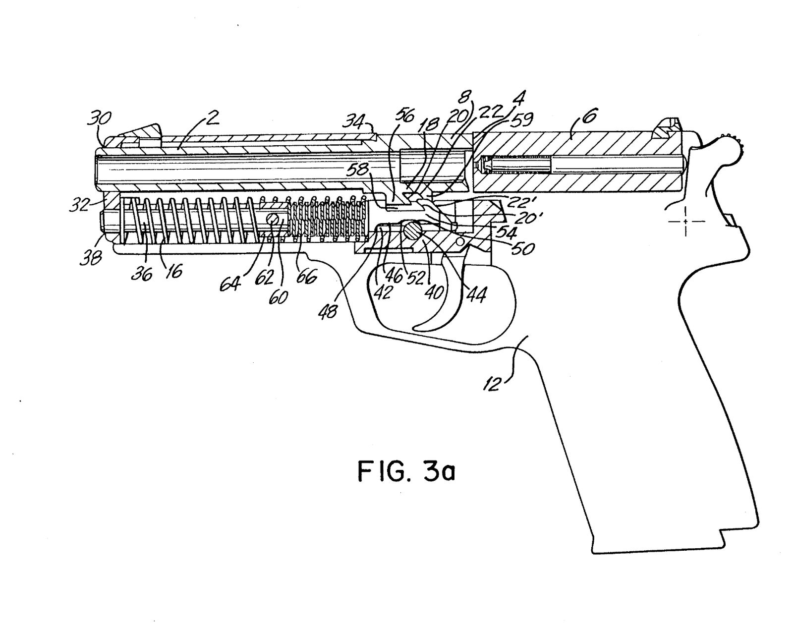 Figure 1 — Drawing sheet 3 of US Patent 5,309,815, turned to the horizontal: a locked, tilting-barrel pistol in its ready-to-fire position. Under the barrel (2) lies the spring guide rod (36), whose rear end …