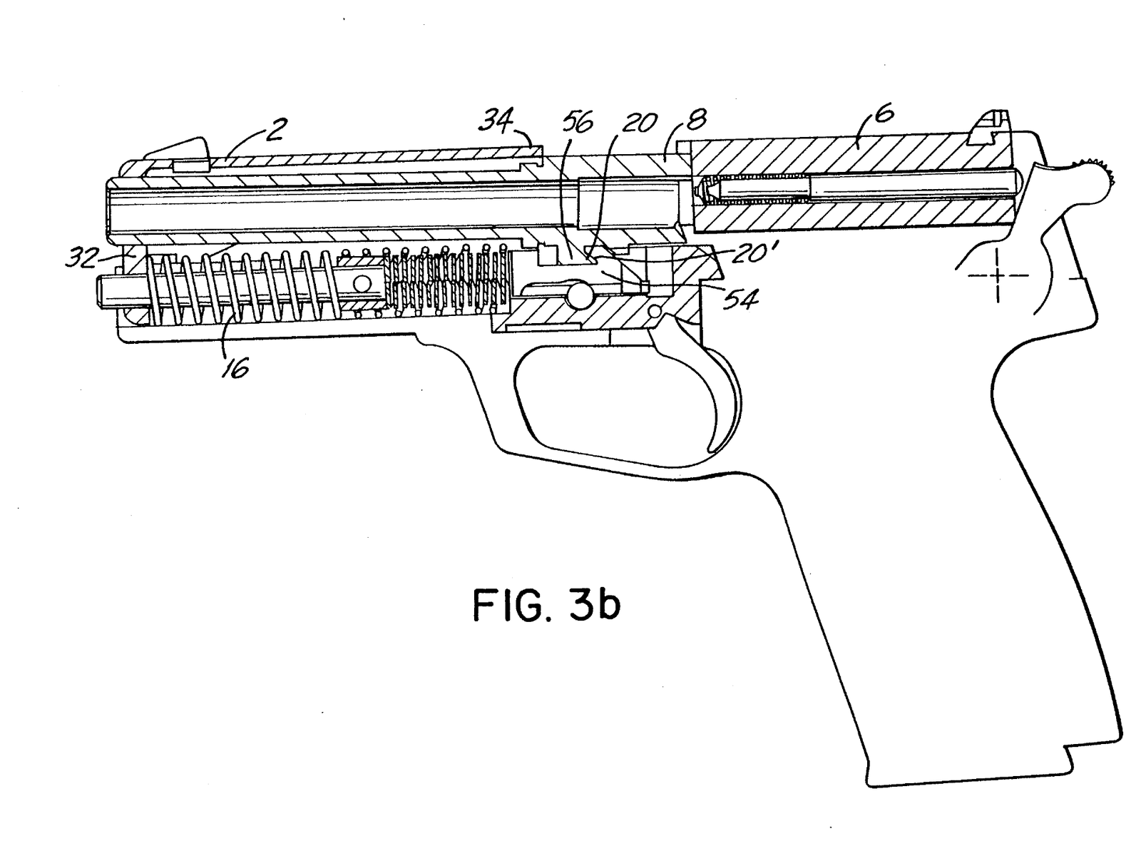 Figure 8 — US Patent 5,309,815, Figure 3b: unlocking. Barrel and slide have recoiled together; the barrel's extension has slid down the bevel on the barrel stop at the rear of the guide rod, tilting the breec…