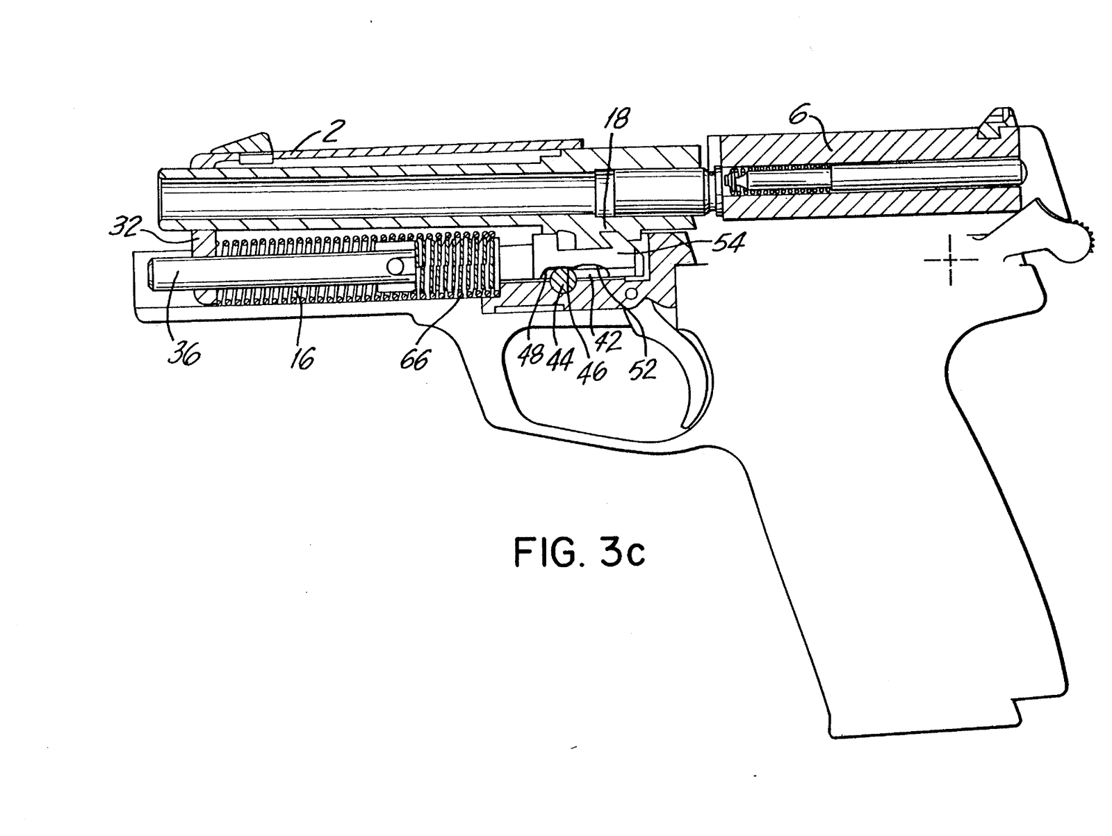 Figure 9 — US Patent 5,309,815, Figure 3c: the barrel, hooked to the guide rod, has carried the rod rearward against the buffer spring, so the barrel's own momentum is absorbed by a spring rather than by a ha…