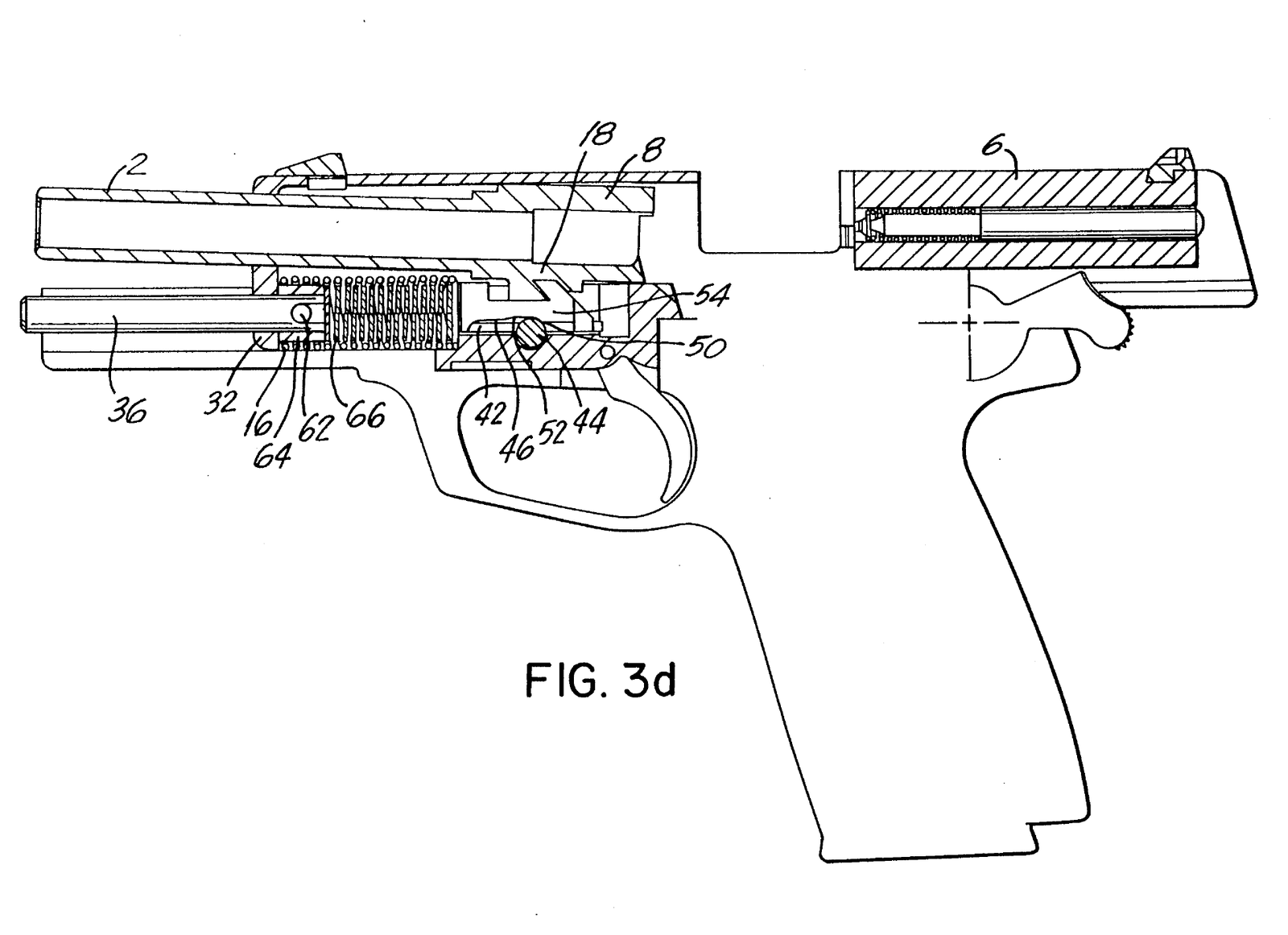 Figure 10 — US Patent 5,309,815, Figure 3d: the buffer spring has returned guide rod and barrel to their lowest, forward position while the slide is still travelling rearward.