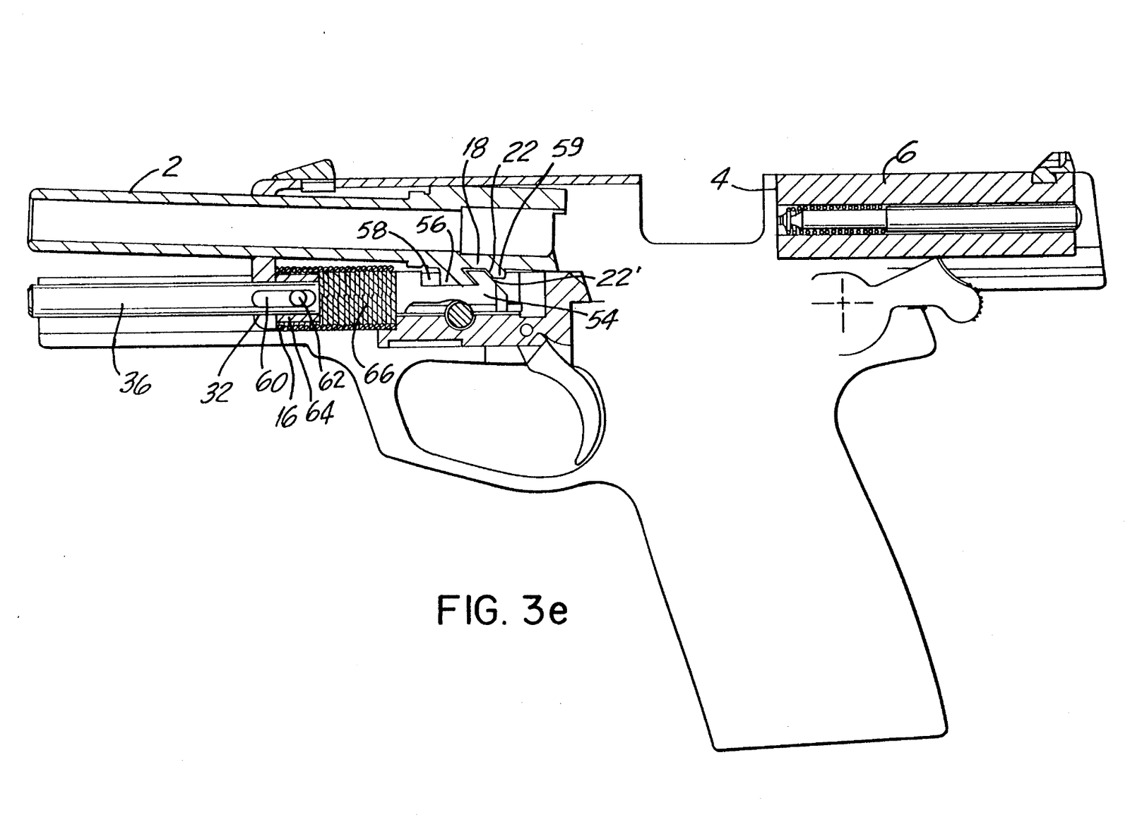 Figure 11 — US Patent 5,309,815, Figure 3e: the slide's front end has driven the bushing back against the buffer spring. The slide is brought to rest by the buffer spring and the main recoil spring acting toge…