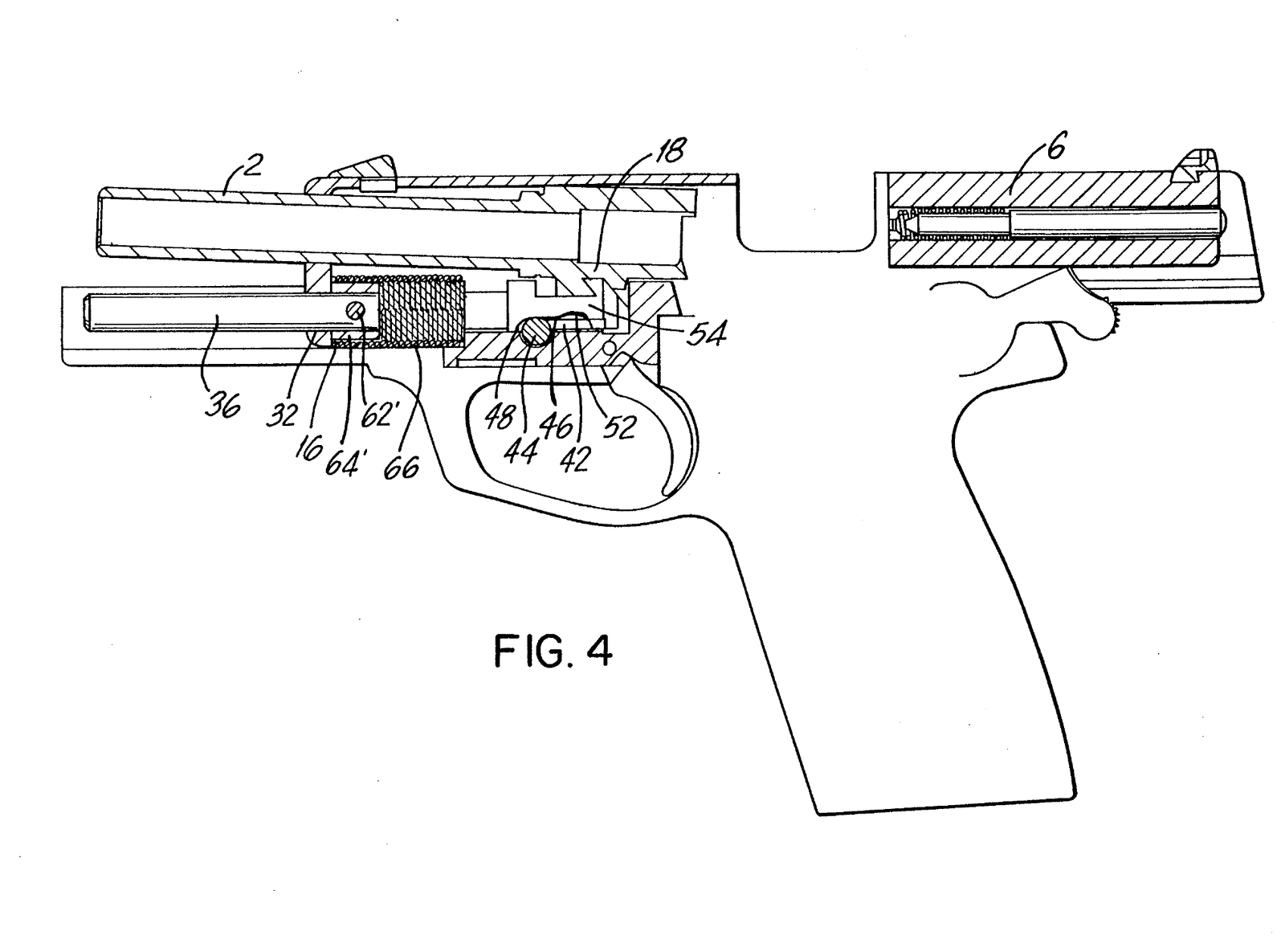 Figure 13 — US Patent 5,309,815, Figure 4: an alternative embodiment in which the bushing is fixed to the guide rod. The patent reports a "subjectively very pleasing recoil" from it. The Mk 23's parts list, wi…