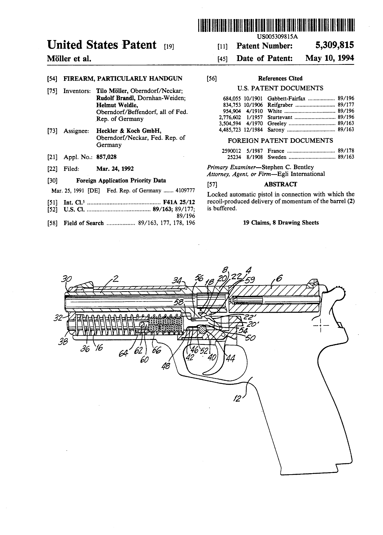 Figure 8 — The front page of US Patent 5,309,815, Heckler und Koch, issued 10 May 1994 with a German priority date of 25 March 1991: a tilting-barrel pistol whose recoil spring guide rod is buffered by a seco…