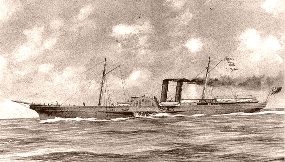 Figure 9 — The blockade runner Advance, owned by the State of North Carolina, one of the paddle steamers that carried European goods into Confederate ports. Rock Island and others describe the LeMats as havin…