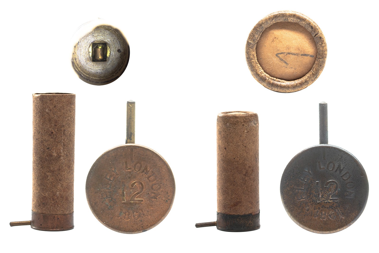 Figure 9 — Eley pinfire shotshells of about 1861. A pinfire shot cartridge for the centre barrel is the logical next step after the percussion shot barrel, and LeMat's 1869 patent describes a centerfire one. …