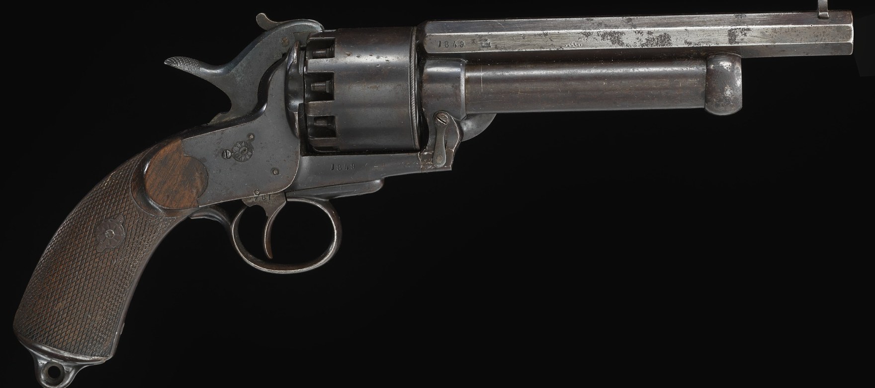 Figure 1 — The LeMat in the National Museum of American History, photographed from the right side: a nine-shot .40-calibre revolver with a 16-gauge shot barrel in the museum's description, 14 inches overall. …