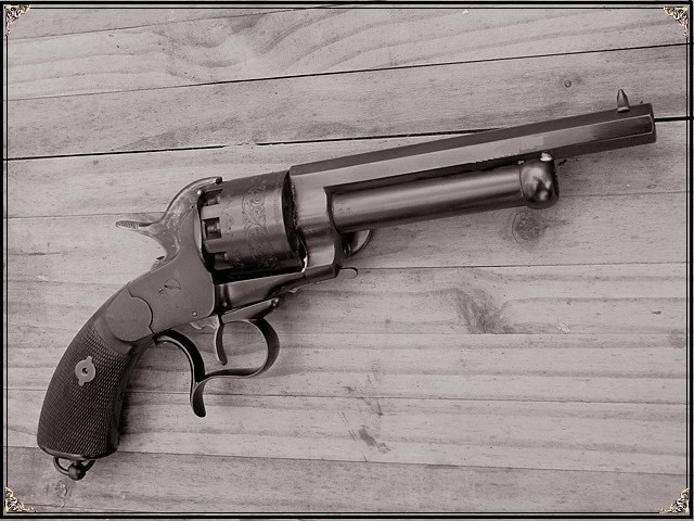 Figure 11 — A modern LeMat reproduction photographed by Mike Cumpston. His companion photograph of a LeMat at the target is captioned as a Pietta replica; whether this is the same gun is not stated. The spurre…