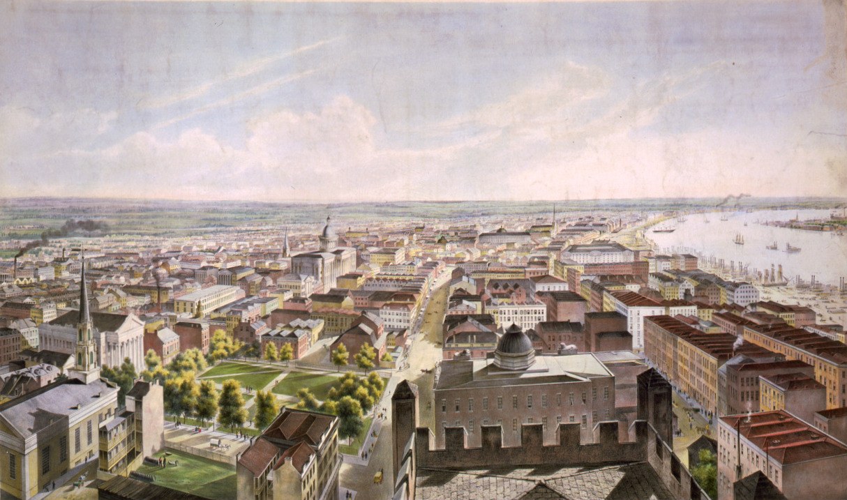 Figure 2 — New Orleans in a lithograph of 1852. The city was rich on the river trade and still largely French-speaking; a French-trained physician could practise there in his own language. Public domain.