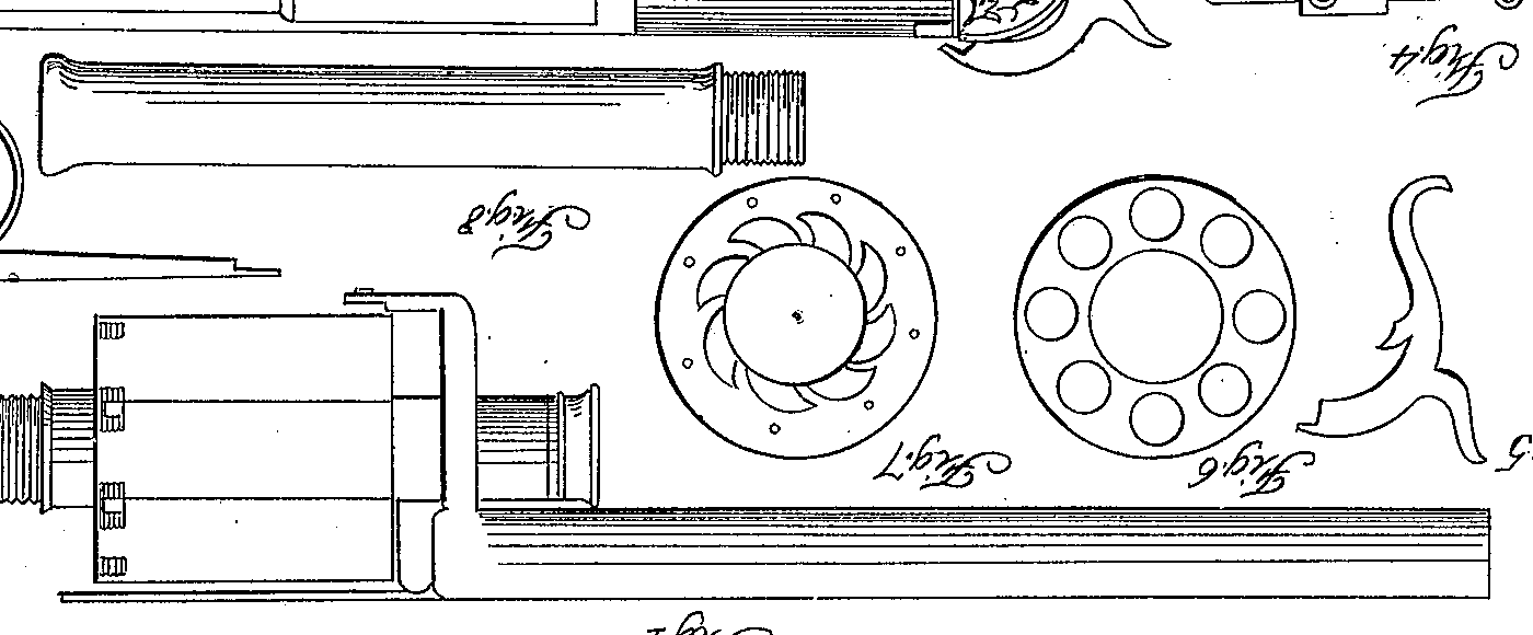 Figure 1 — The cylinder and shot barrel as LeMat drew them in his 1856 patent: the nine-chamber cylinder in end view, the cylinder from the side, and the shot barrel that serves as its axis. Detail of the pat…