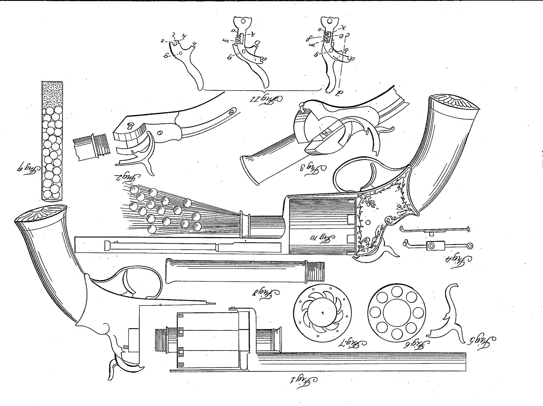 Figure 4 — The drawing sheet of US Patent 15,925, granted to Dr. Alexandre Le Mat of New Orleans on 21 October 1856. The left half shows a revolver of Colt type with the central shot barrel screwed into the b…
