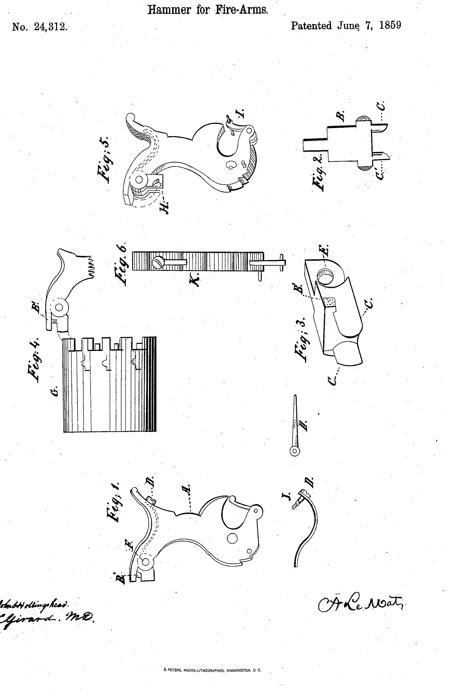 Figure 7 — The drawing sheet of US Patent 24,312, "Hammer for Fire-Arms," granted to A. Le Mat on 7 June 1859. Figure 1 is the hammer with its movable head; Figures 2 and 3 the head enlarged, with the two sma…