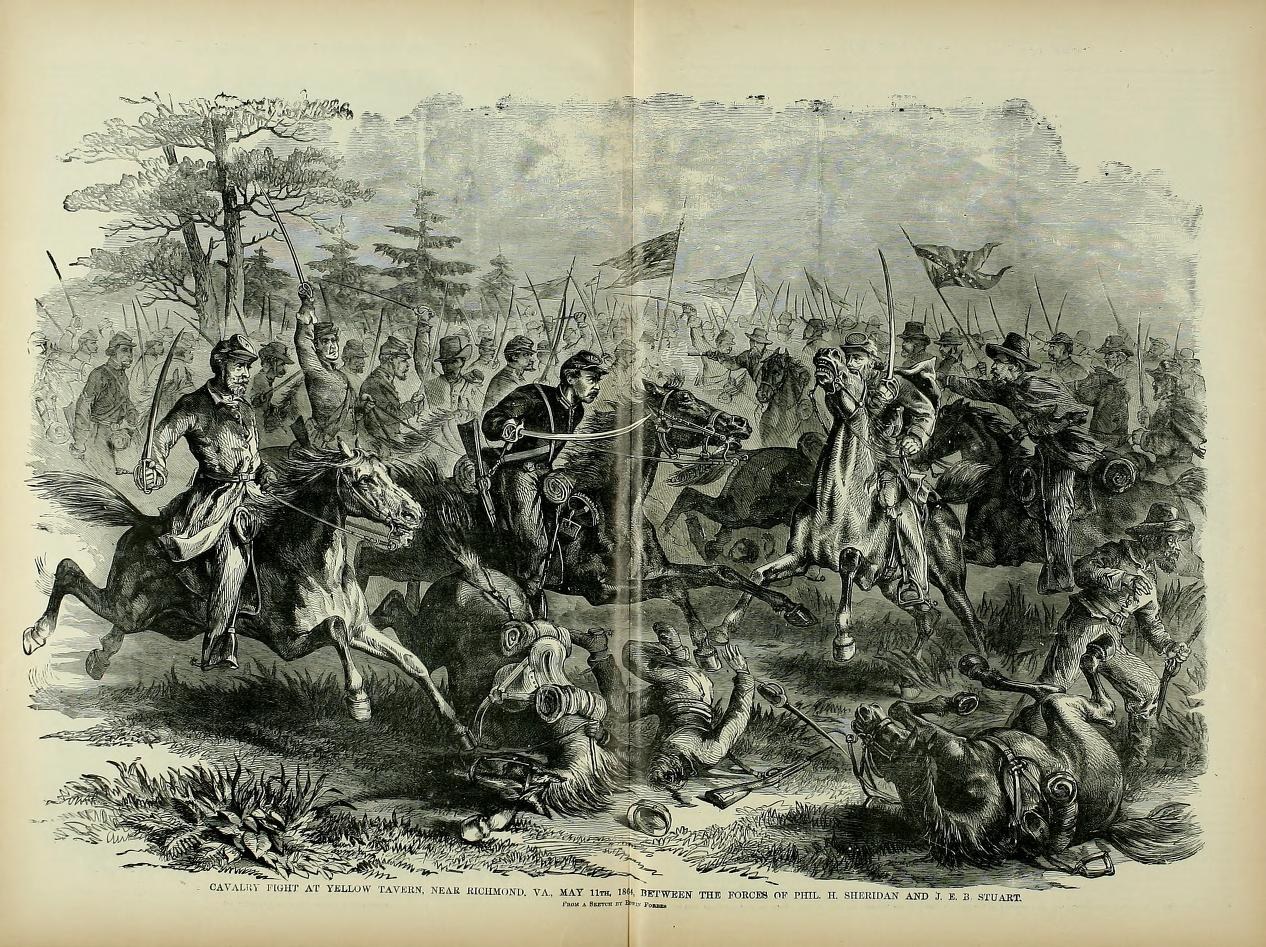 Figure 13 — The cavalry fight at Yellow Tavern, 11 May 1864, in a contemporary engraving. Stuart was mortally wounded there; Rock Island and Garbers say he was firing his LeMat at the time. Public domain.