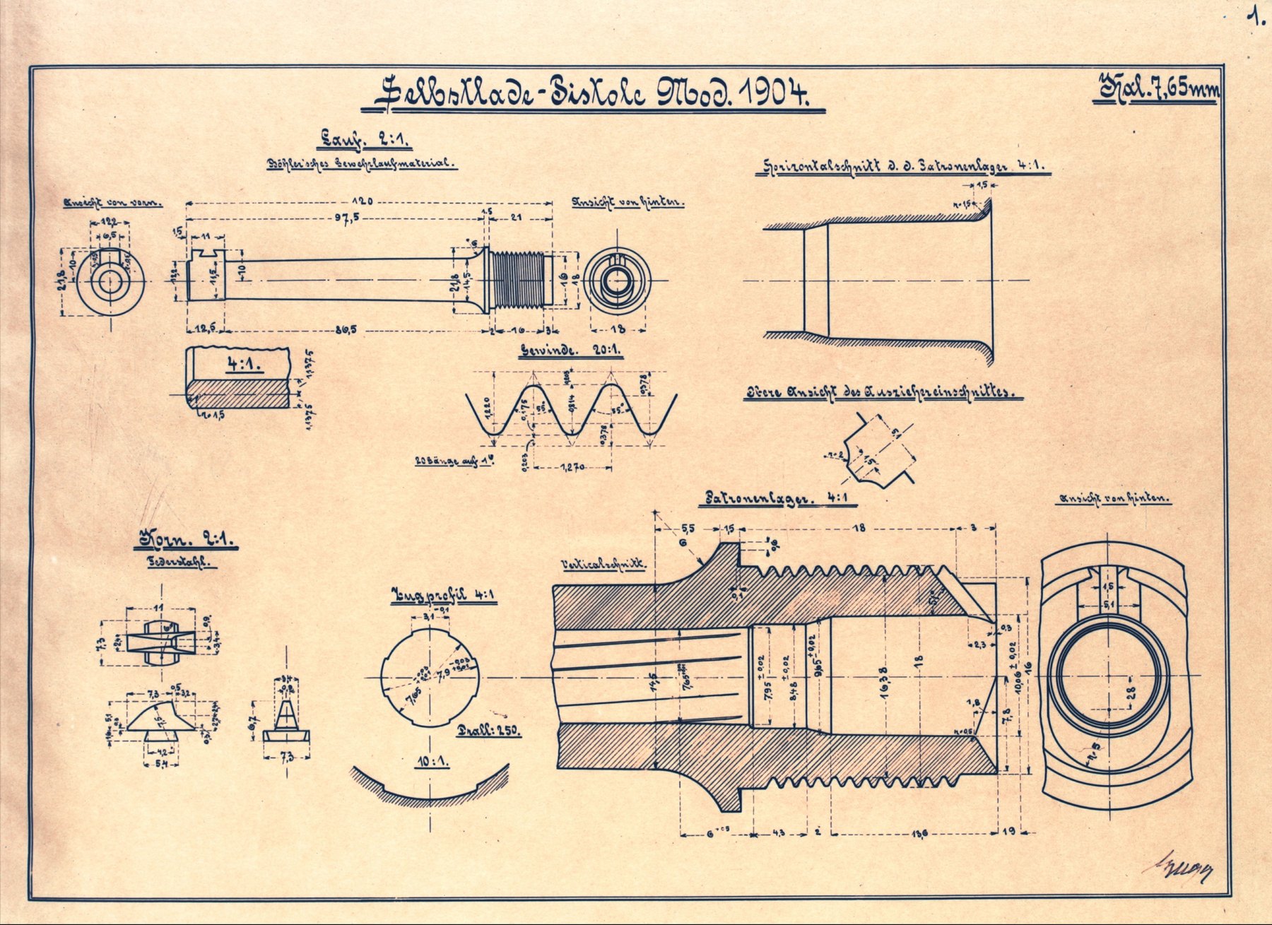 Figure 7 — Sheet 1 of the Swiss federal drawing set "Selbstlade-Pistole Mod. 1904": the 7.65 mm barrel at 2:1, its shank thread at 20:1 ("20 Gänge auf 1 Zoll", twenty threads to the inch), the chamber at 4:1,…