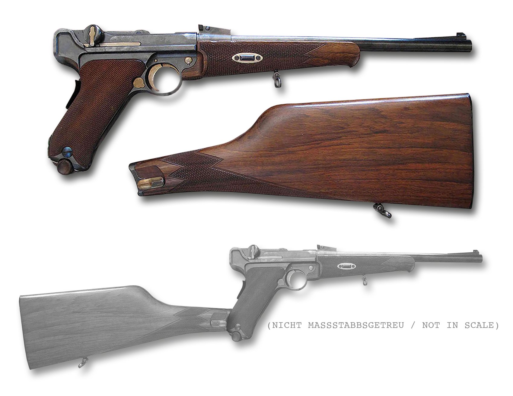 Figure 5 — A Parabellum carbine with its detachable stock, drawn over a photograph by Hmaag to show the arrangement: an 11¾-inch barrel, a wooden forend under it, and a stock that hooks to the heel of the gri…