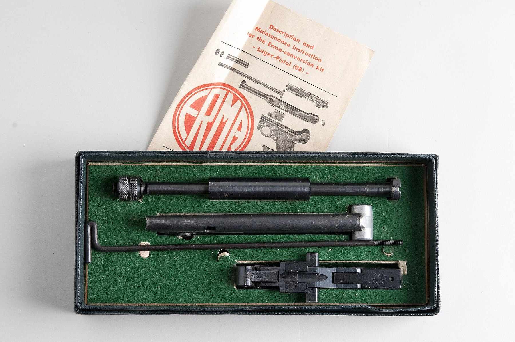 Figure 9 — An Erma .22 conversion set for the P08, from a Norwegian collection: a sleeved barrel, a breechblock and toggle unit, a magazine and a tool, in a fitted box with Erma's instructions. Photograph by …