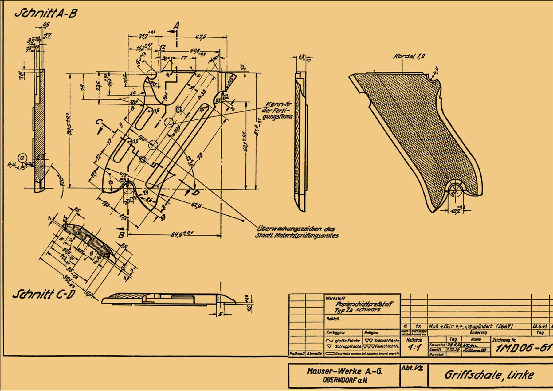 Figure 4 — Mauser-Werke drawing 1MD06-61, "Griffschale, linke" (left grip), at 1:1: sections A–B and C–D, the material "Papierschichtpreßstoff Typ Z3 schwarz" (black laminated phenolic), designed 29 June 1939…